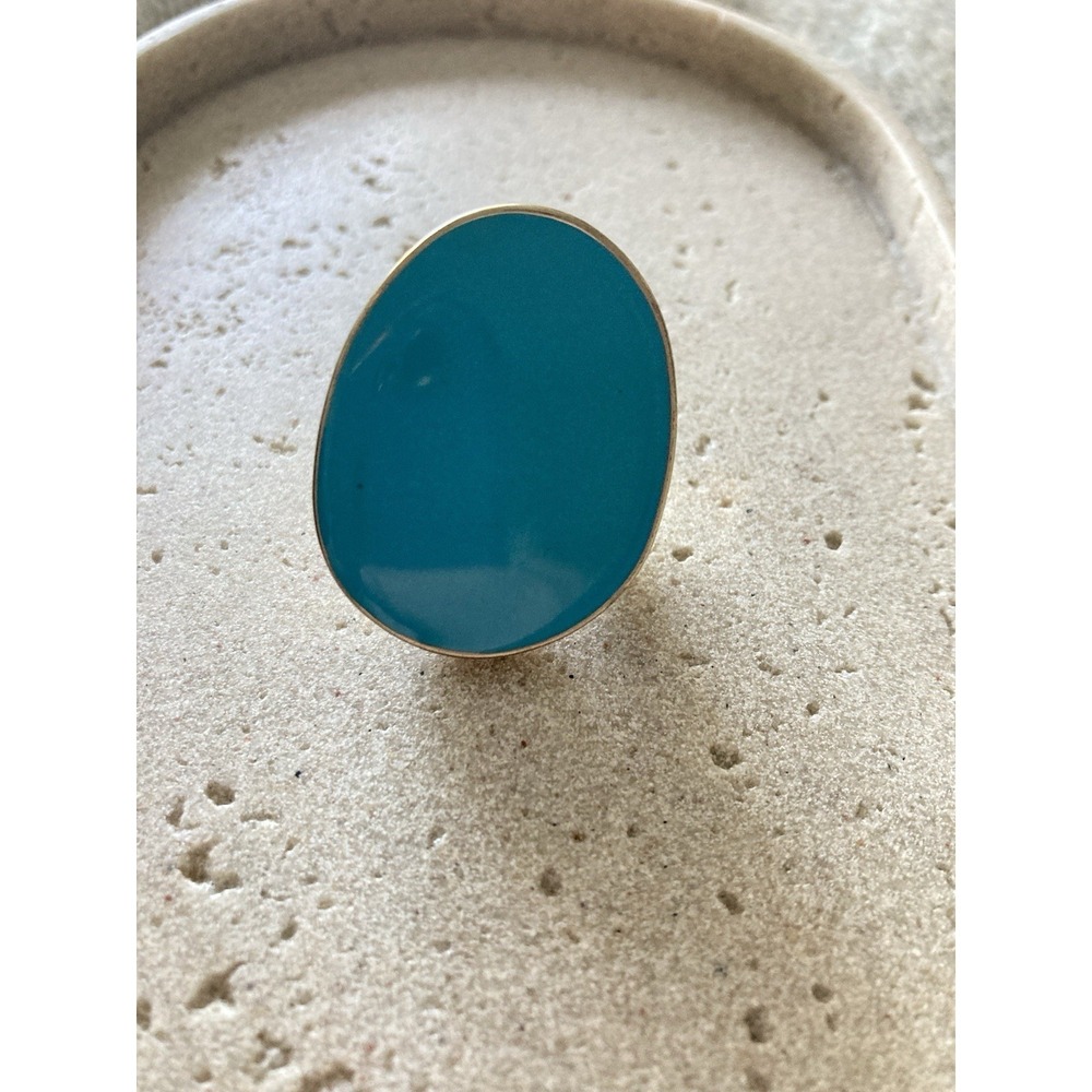 Gold Tone Blue Oval Bold Statement Ring Turquoise Color‎ Cocktail Ring Chunky